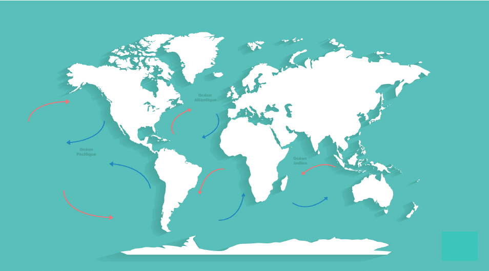 Carte du monde des principaux courants de surface : les courants chauds sont en rouge, les courants froids en bleu