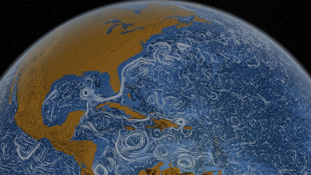 Visualisation de la NASA : les courants de surface tourbillonnent dans l’océan Atlantique, avec le Gulf Stream qui longe la côte est des États-Unis
