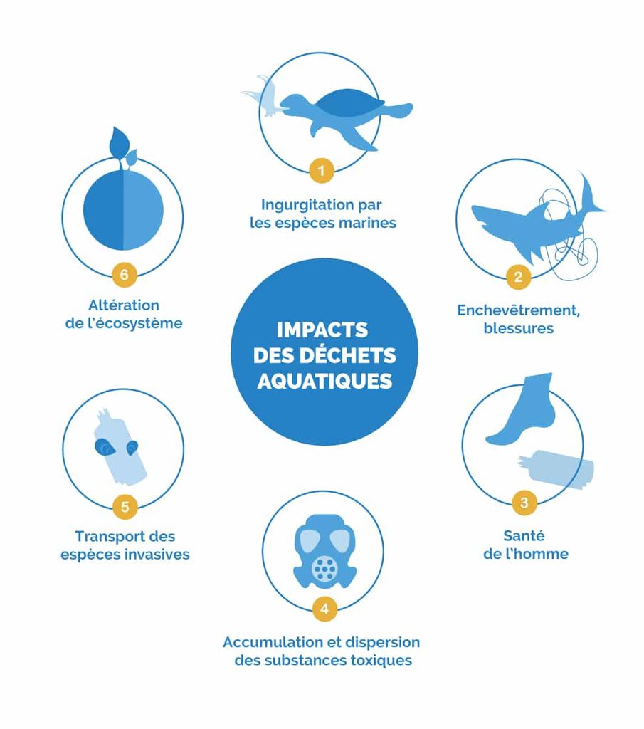 Schéma « Impacts des déchets aquatiques » avec six pictogrammes autour d’un cercle central : 1. ingurgitation par les espèces marines, 2. enchevêtrement et blessures, 3. santé de l’homme, 4. accumulation et dispersion des substances toxiques, 5. transport des espèces invasives, 6. altération de l’écosystème.