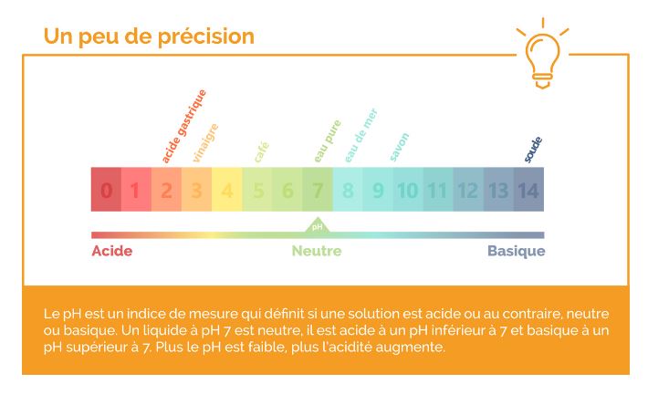 Échelle de pH de 0 à 14 : en dessous de 7 une solution est acide, à 7 elle est neutre, au-dessus de 7 elle est basique