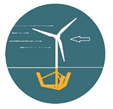 Pictogramme d’une éolienne posée sur un flotteur ancré au fond de la mer.